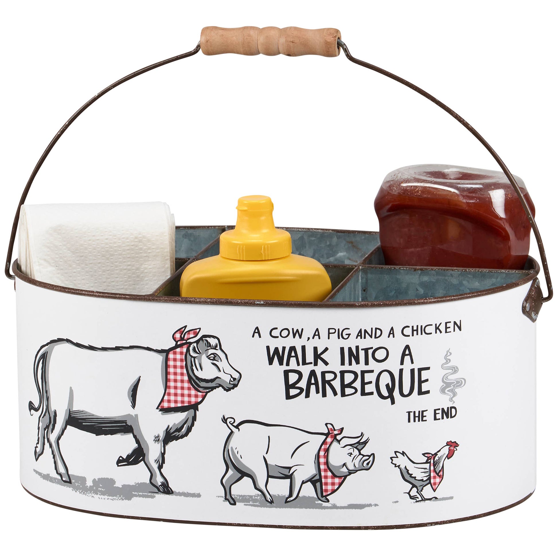 A metal basket with illustrations of a cow, pig, and chicken, along with a bottle of ketchup and a bottle of mustard, along with the text "A COW, A PIG AND A CHICKEN WALK INTO A BARBEQUE THE END".