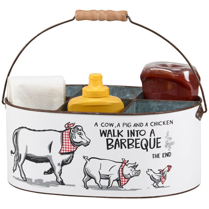 A metal basket with illustrations of a cow, pig, and chicken, along with a bottle of ketchup and a bottle of mustard, along with the text "A COW, A PIG AND A CHICKEN WALK INTO A BARBEQUE THE END".