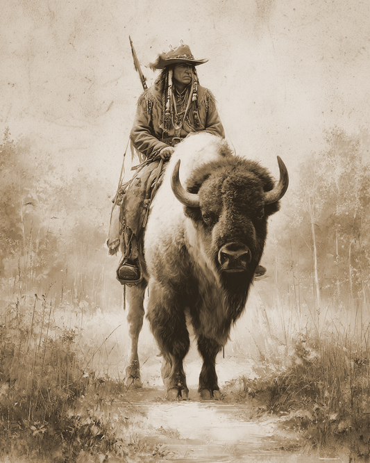 Lone Scout Riding a Buffalo American West Art Print - 8"x10" Artwork