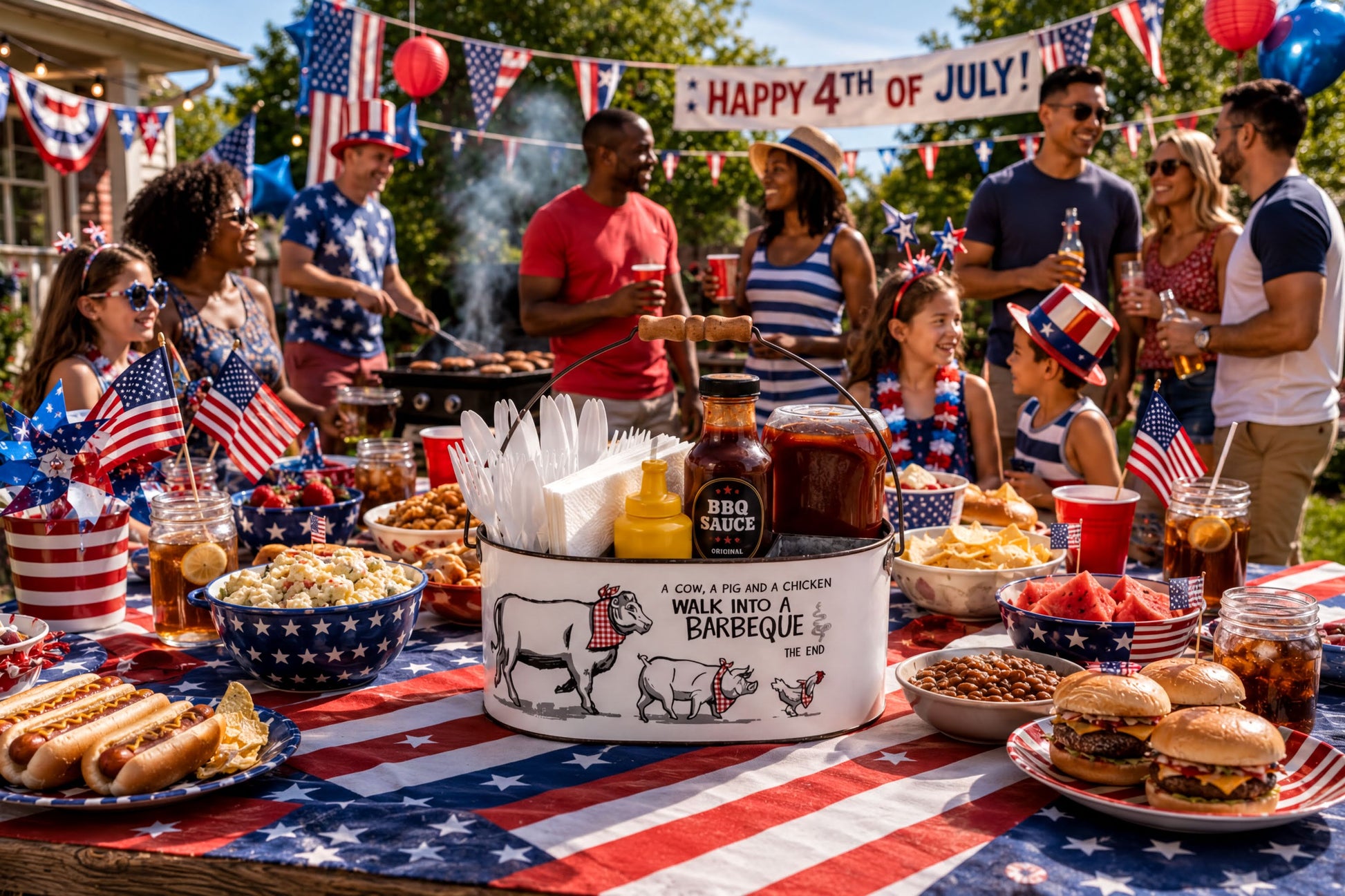 A group of people enjoying a Fourth of July barbecue party, with American flags and patriotic decorations visible. The table is filled with various patriotic foods and drinks, including hamburgers, hot dogs, and other barbecue items.
