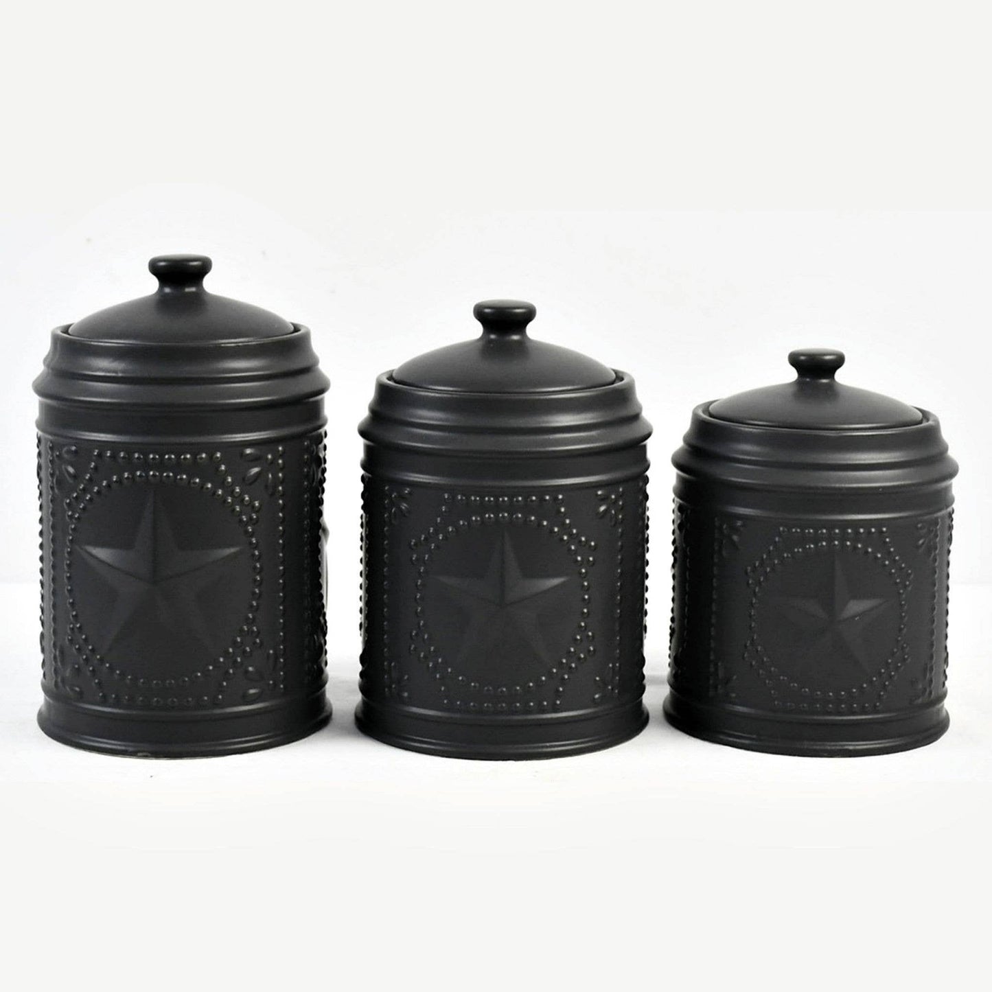 Black Star Canister Set - 3 Piece Farmhouse Kitchen Storage Jars With Raised Star