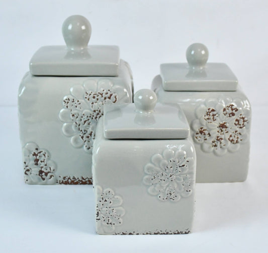 Light Gray Floral Canister Set – Farmhouse Kitchen Décor