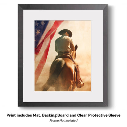 American Life- Cowboy Carrying Flag - Americana Country Life Art Prints - 8"x10" Artwork for 11"x14" Frame