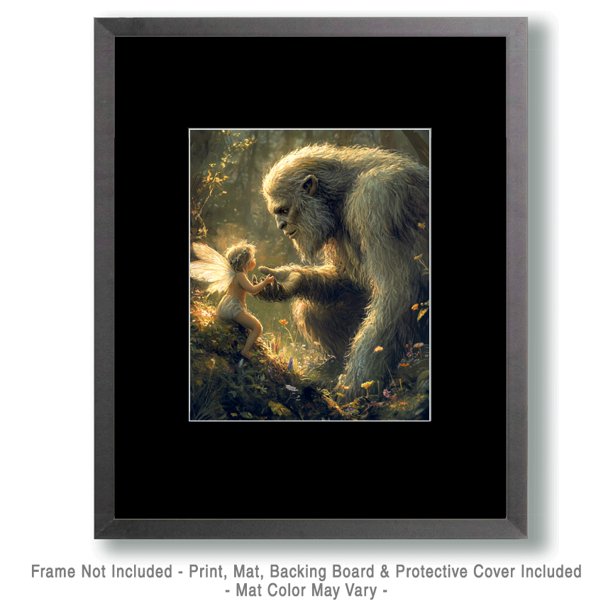 Fairy Giving Advice to Bigfoot - Fairies Wall Art Prints – 8″x10″ Artwork for 11″x14″ Frame