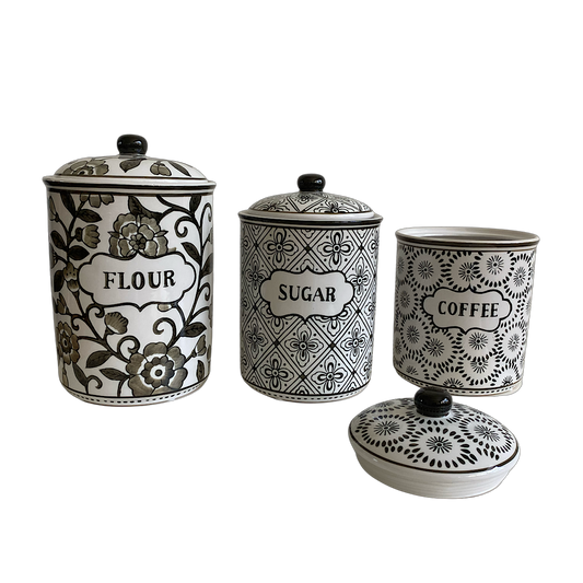 Gray & White Patterned Canister Set – Farmhouse Kitchen