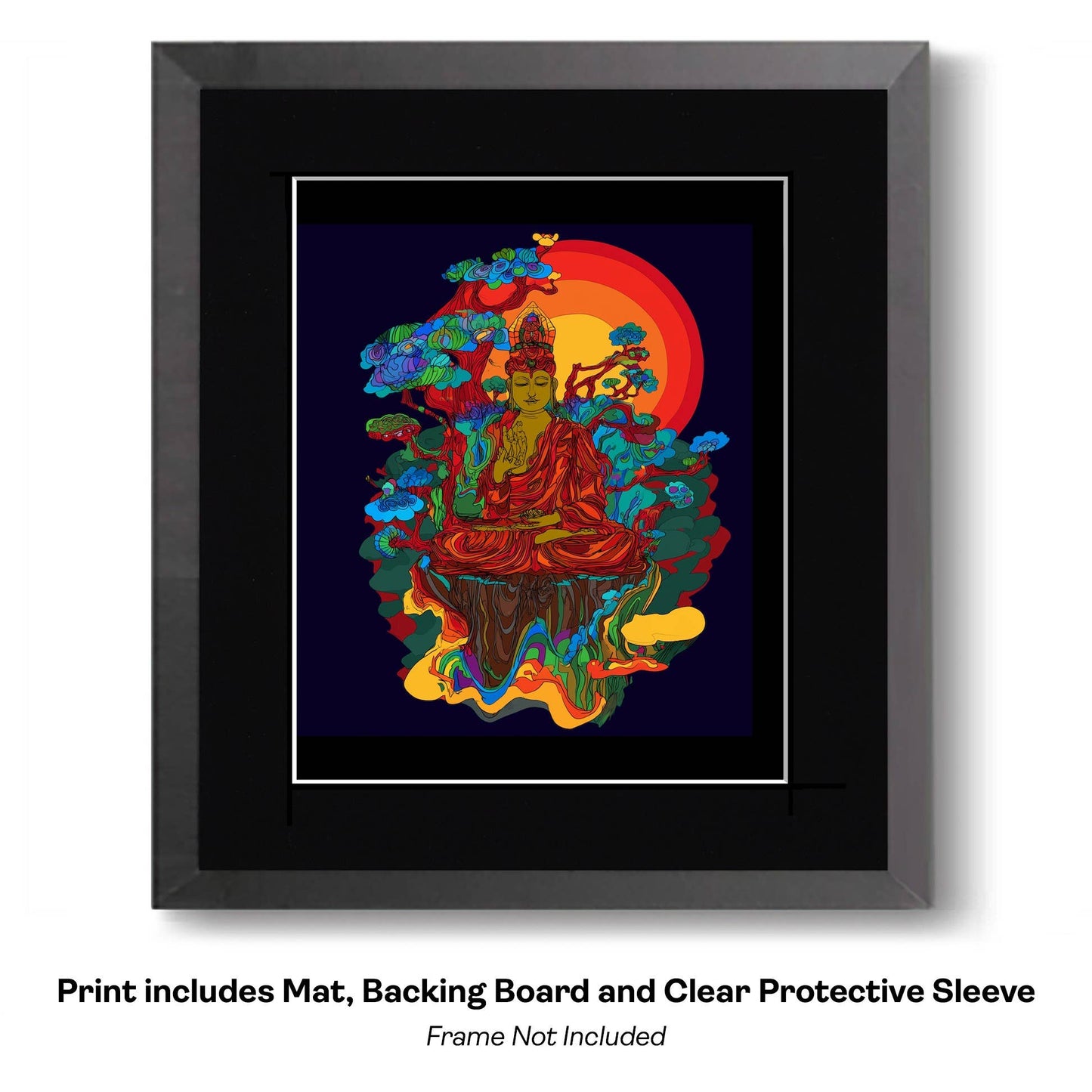 Buddha Mural - Zen Art for Meditation Home Decor Wall Art Prints – 8″x10″ Artwork – 11″x14″ Beveled Mat