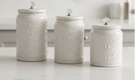 White Ceramic Canister Set with Crystal Knobs (3-Piece)