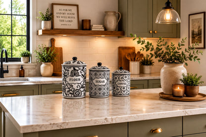 A modern kitchen with a marble countertop, featuring three black and white patterned canisters labeled "FLOUR", "SUGAR", and "COFFEE", as well as a potted plant and a candle on the counter.