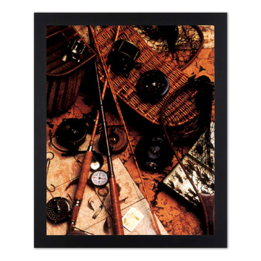 Old Wooden Rod Fly Reel and Fishing Lure Cabin Lodge Picture Black Framed Art Print