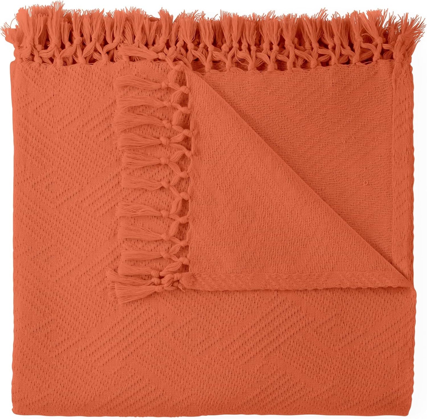 Organic Jacquard Throw - Rust Colored Diamond Pattern Soft Breathable Blanket